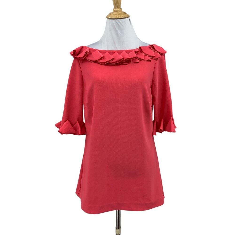 Boston Proper Top Womens M Medium Pink Ruffles Petals Boatneck Elbow Sleeve